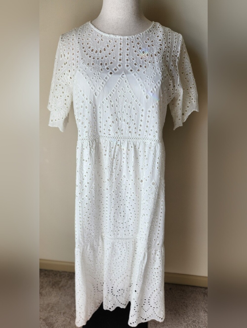 NWT Cal Style XL Cotton Eyelet Tiered Short Sleeve Lined Bohemian Maxi Dress
